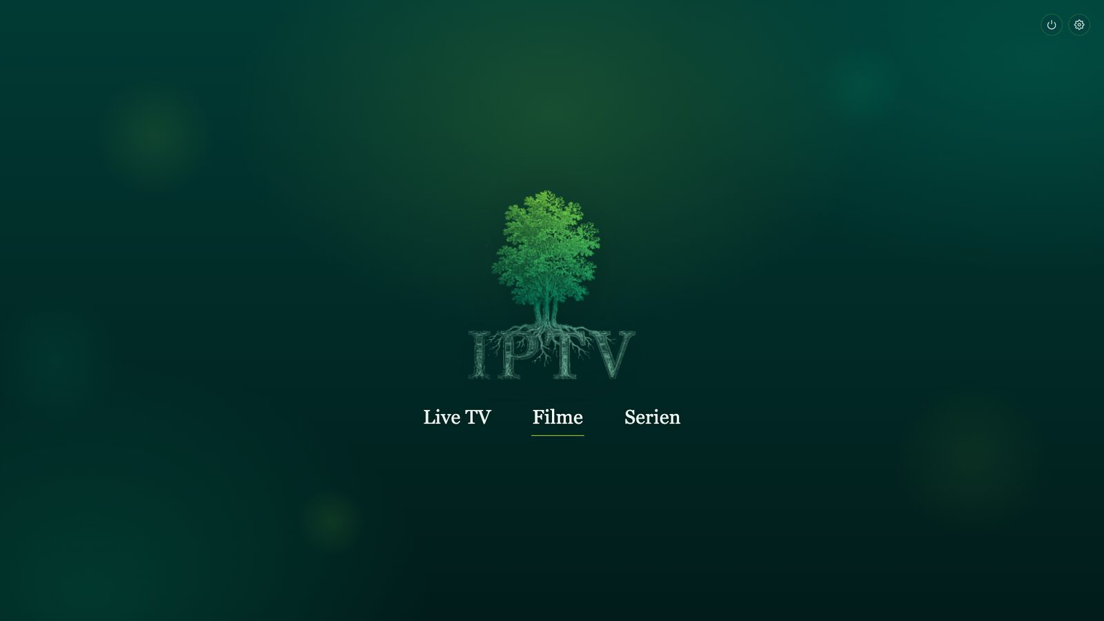IPTV Tree start screen on a TV: the tree logo above the entries Live TV, Movies and Series